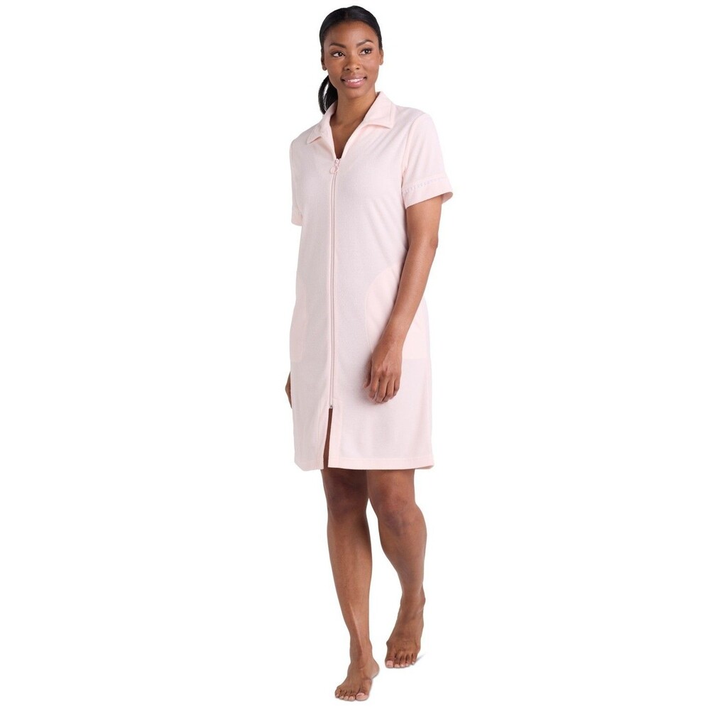 Miss Elaine Zip Front Robe Dress Womens XL Short Sleeve Peach Terry Knit